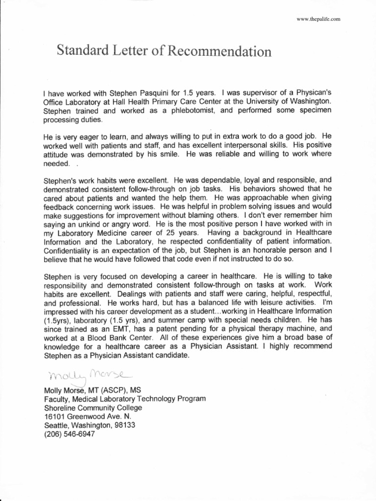 Physician Assistant School Application Recommendation Letter