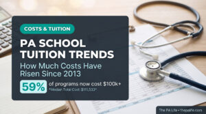 Infographic on PA school tuition trends: rising costs since 2013, with a stethoscope and medical documents in background.