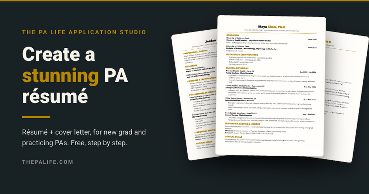 Hero banner advertising pa resumes dark background bold text create a stunning pa résumé with tilted resumes on the right and the pa life application studio header