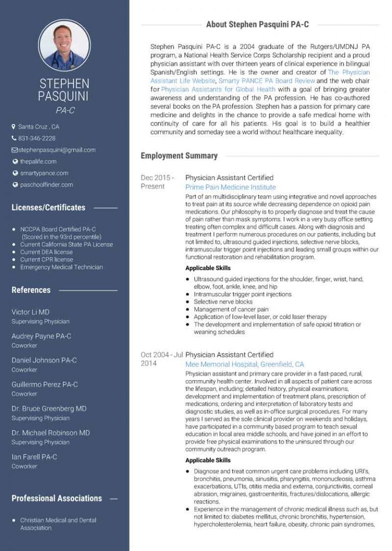 StephenPasquinivisualcvresume1Page1 | The Physician Assistant Life Physician assistant resume sample