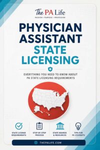 Poster advertising Physician Assistant state licensing with a white background, bold blue text and a red circular map of the US, plus icons for requirements and resources.