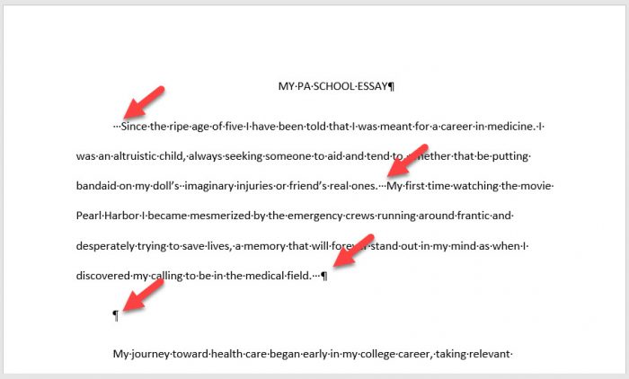 Identifying paragraph marks and other hidden formatting in your pa school essay