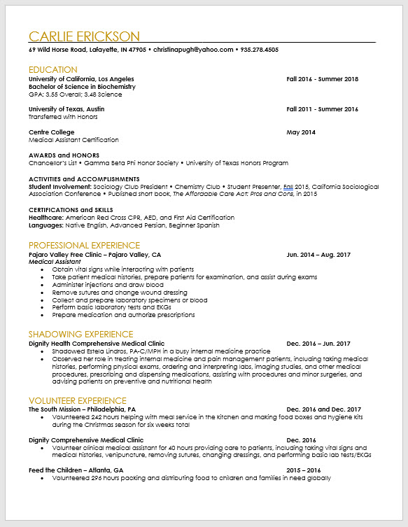 Pa School Applicant And Pre Pa Resume Template