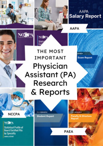 Collage of pa research and certification book covers with a central white starburst that reads the most important physician assistant pa research  reports