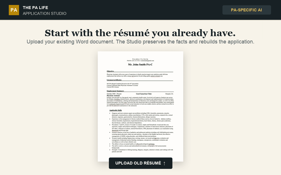 Animated demonstration of an old physician assistant résumé becoming a print-ready résumé and matching cover letter in the PA Life Application Studio