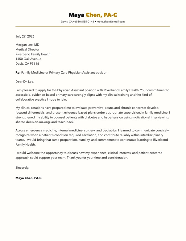 Cover letter created in the PA Life Application Studio