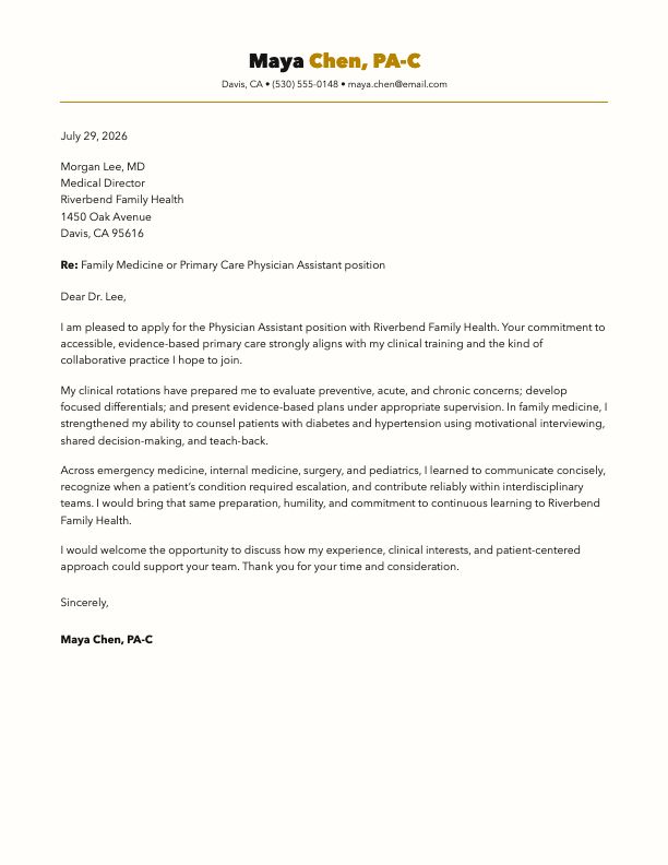 Actual cover letter created in the PA Life Application Studio