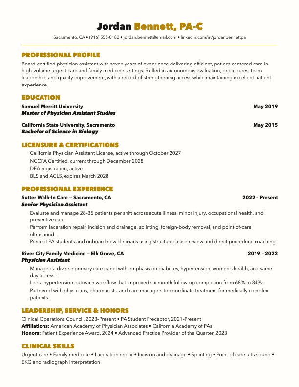 Practicing physician assistant résumé template example