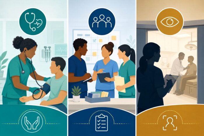 Three panel visual comparing hands on patient care healthcare support and observational shadowing