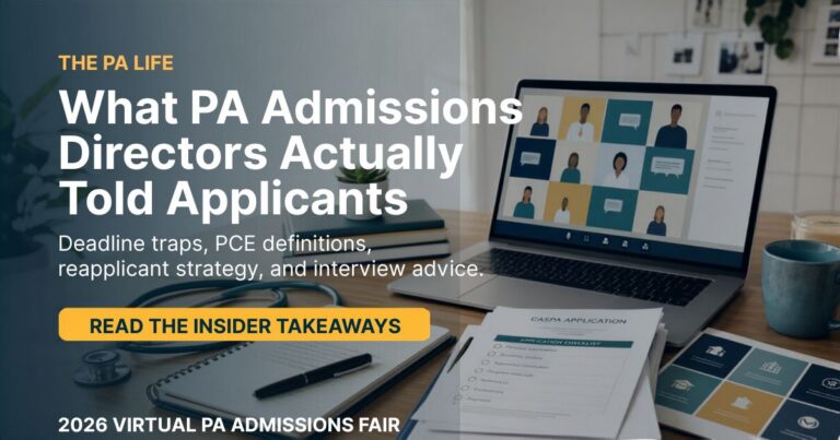 What PA Admissions Directors Actually Told Applicants | The Physician Assistant Life Hero banner for pa life article large headline about what pa admissions directors told applicants with a laptop forms and a yellow read the insider takeaways button on a desk
