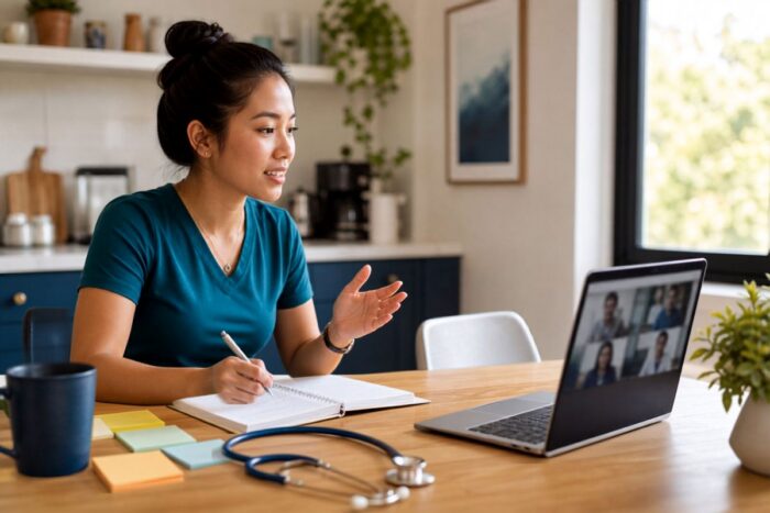 Pre PA applicant practicing interview answers on a video call with notebook and stethoscope nearby