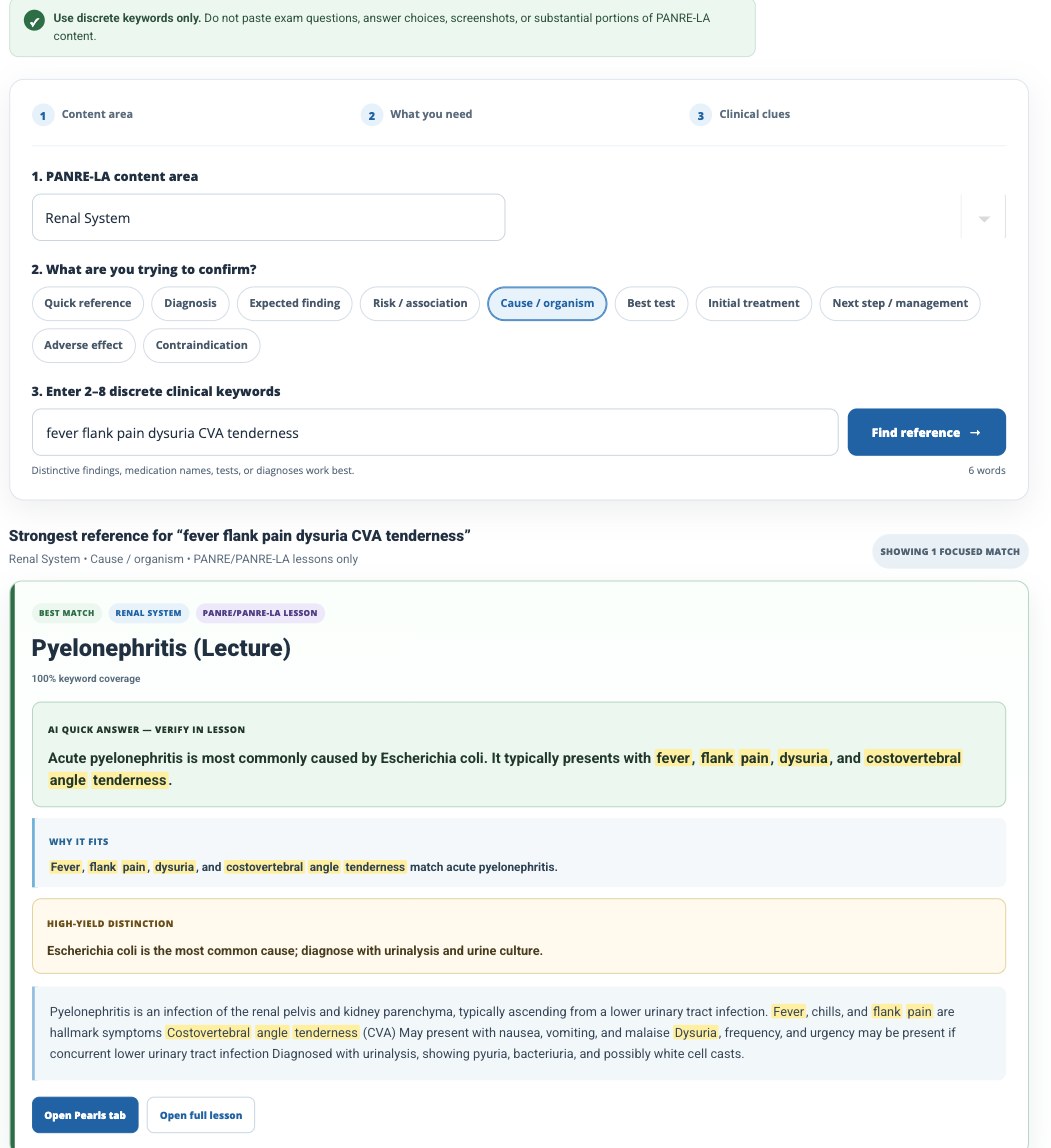 The Smarty PANCE PANRE-LA Rapid Blueprint Search with Renal System selected, Cause slash organism chosen, and the keywords fever flank pain dysuria CVA tenderness returning Pyelonephritis as the best match with a quick answer, why it fits, and a high-yield distinction