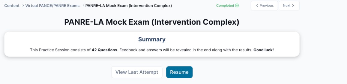 The PANRE-LA Mock Exam for Intervention Complex inside the Smarty PANCE QBank, showing a 42-question practice session