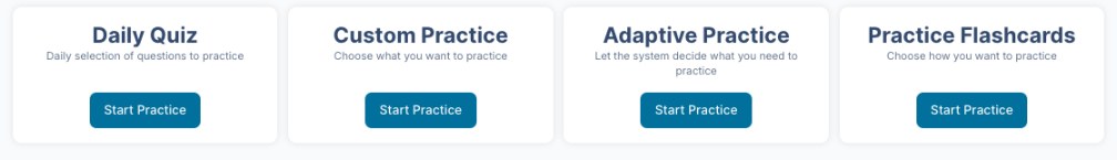 Smarty PANCE QBank dashboard showing four practice modes: Daily Quiz, Custom Practice, Adaptive Practice, and Practice Flashcards