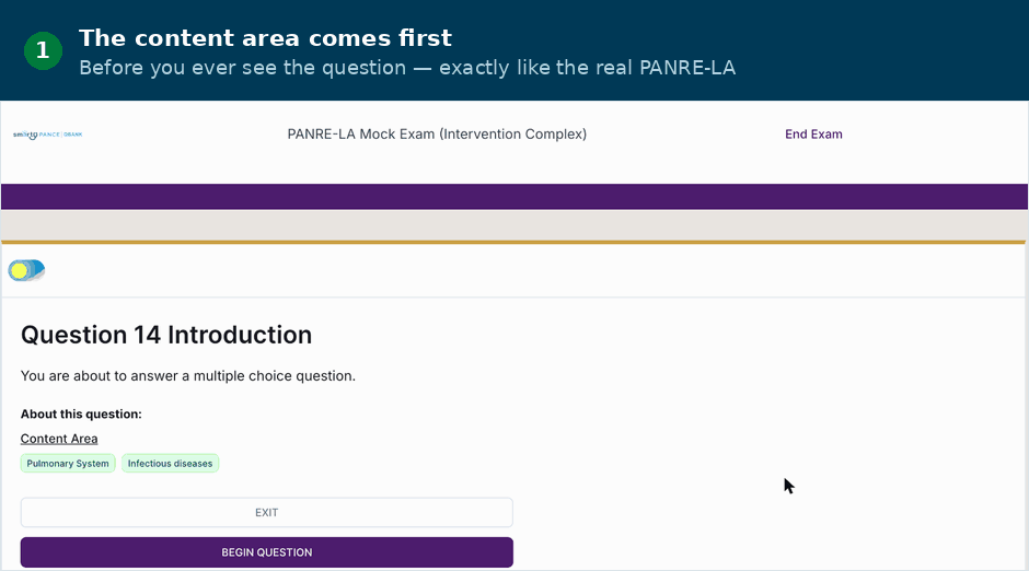 Animated walkthrough of the Smarty PANCE PANRE-LA mock exam: first the content area appears before the question, then the question with a five-minute countdown and a reference lab values button, then the immediate feedback screen showing the correct answer with an explanation