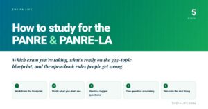How to study for the PANRE and PANRE-LA — a five-step plan from The PA Life covering which exam you're taking, the 333-topic blueprint, and the open-book rules