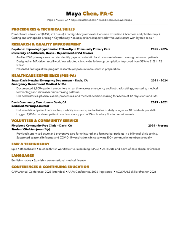 Page two of the finished physician assistant résumé — pre-PA experience, research, and clinical skills