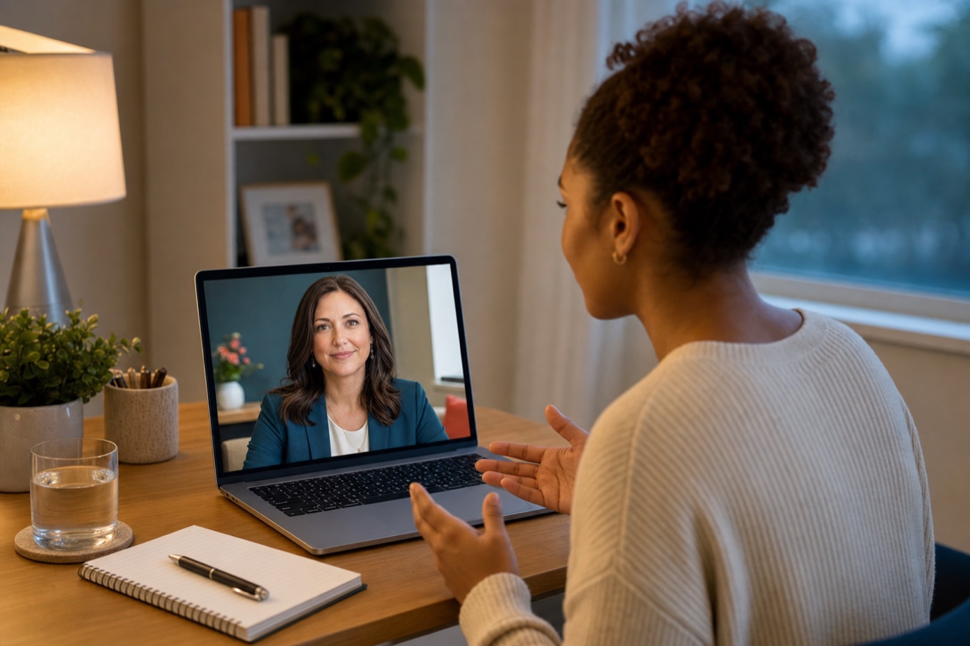 Pre-PA student practicing PA school interview questions out loud with Maya, the PA Life AI interview coach, on a laptop at home