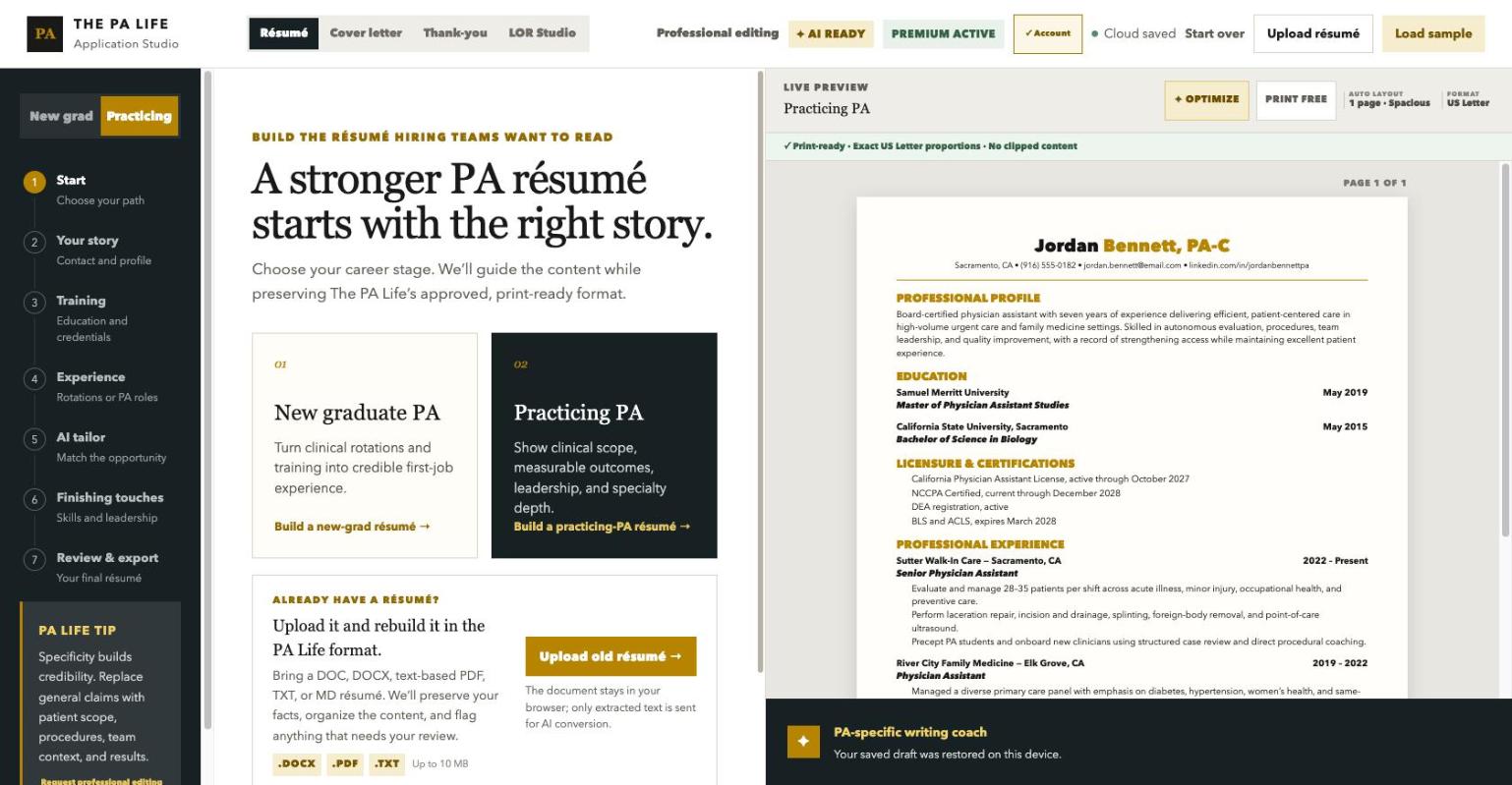 PA Life Application Studio start screen with new graduate and practicing PA paths