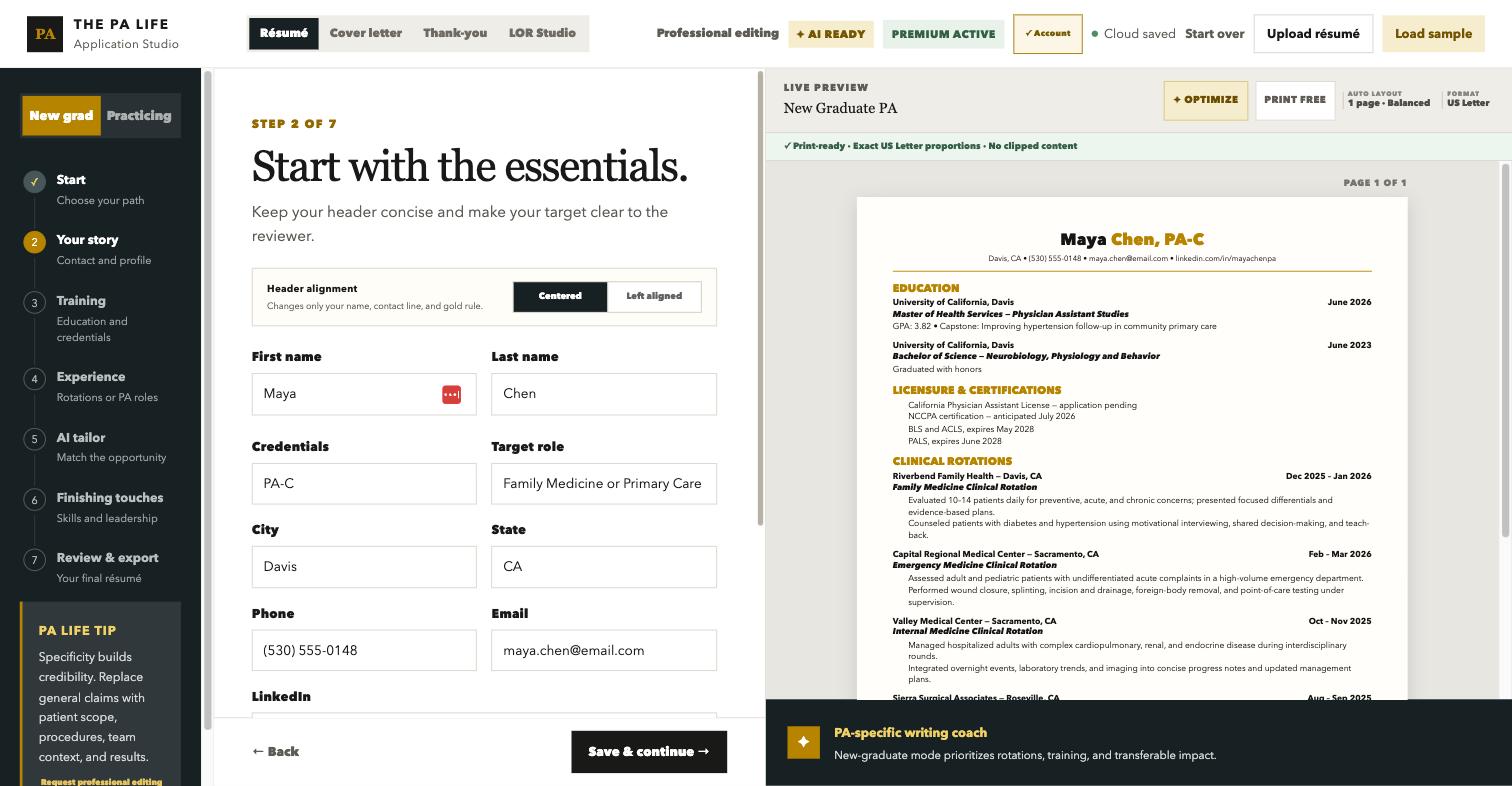 Studio step two showing contact fields with the live résumé preview