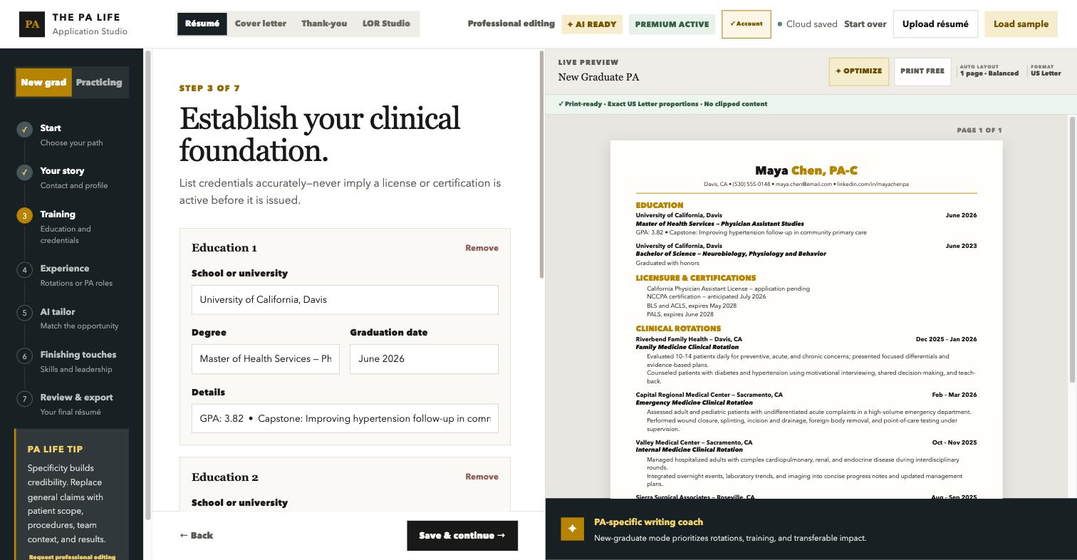 Studio education and credentials step with live preview