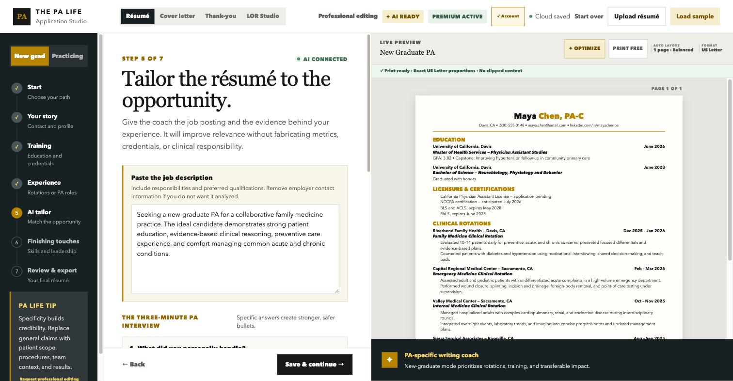 Studio AI tailoring step with job description pasted and live preview