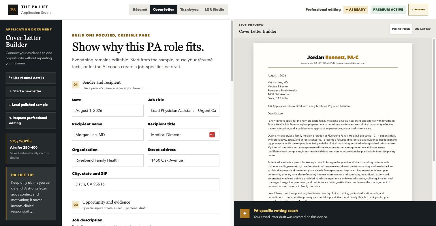 Studio cover letter builder with live letter preview