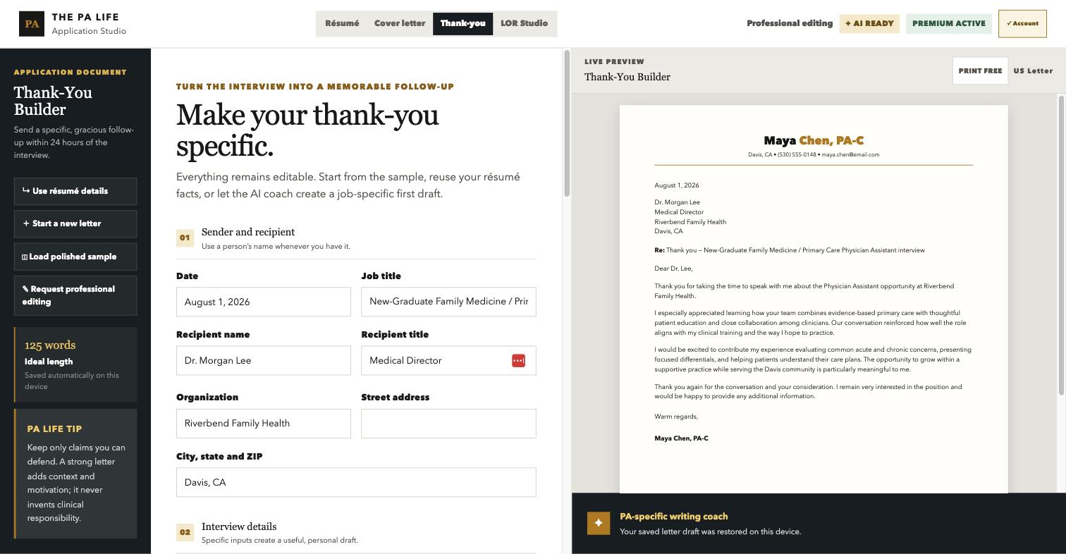 Studio thank-you letter builder with live preview