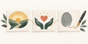 Three-panel illustration: sunrise over hills on the left, cupped hands holding a heart in the center, and a fingerprint being traced by a pen on the right.