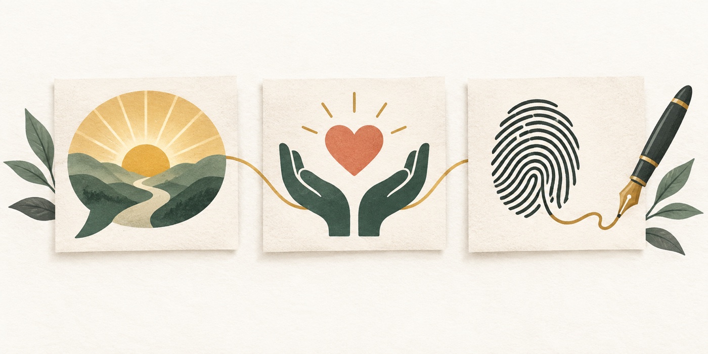 Three panel illustration a sunrise for positive perspective hands holding a heart for service and a fingerprint with a pen for authentic personal voice
