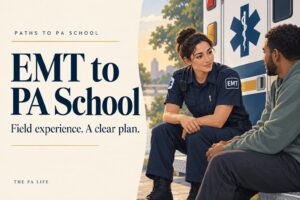 Emt to pa school an illustrated emt talking with a patient beside an ambulance