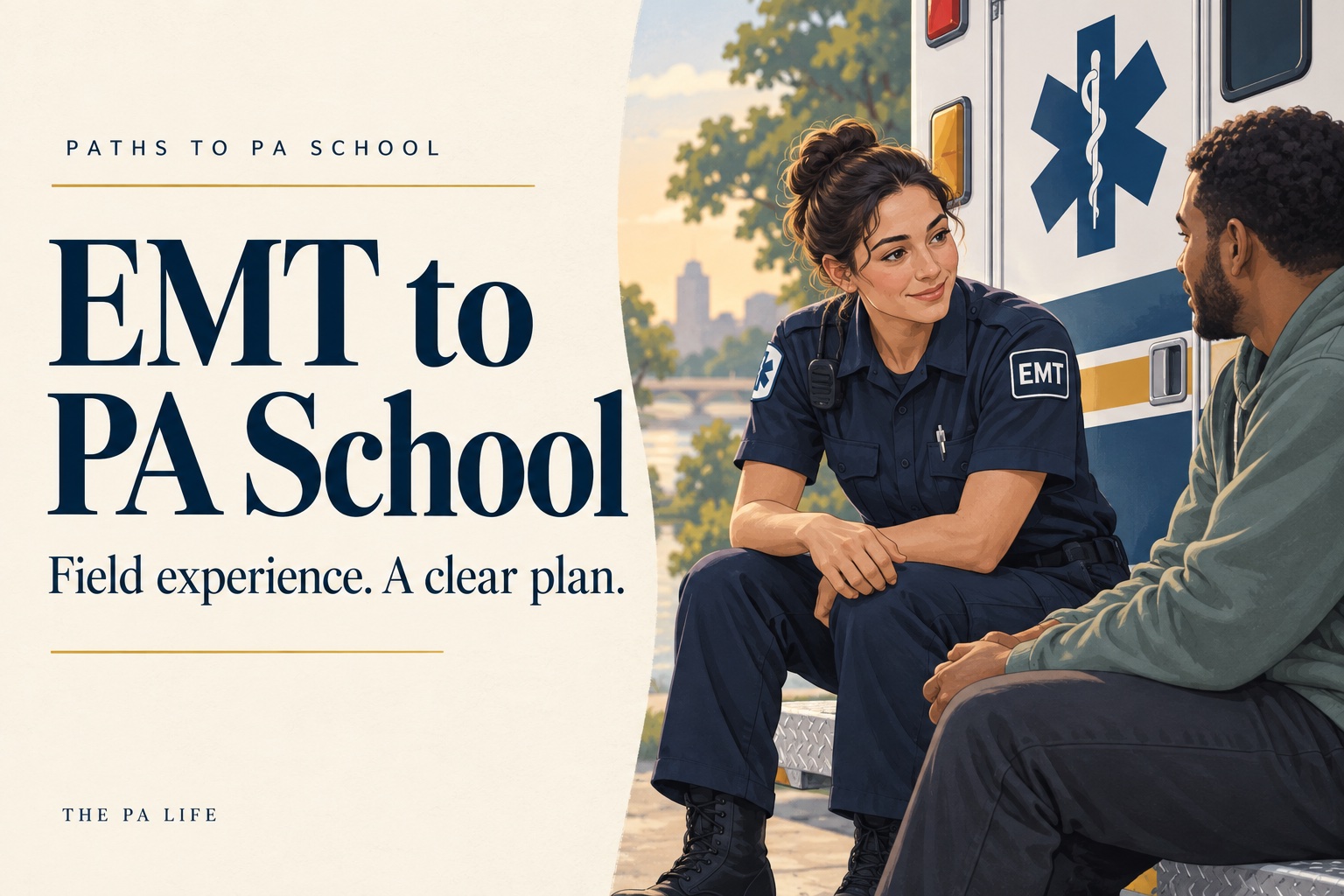 EMT to PA School: an illustrated EMT talking with a patient beside an ambulance