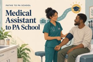 Illustration of a medical assistant with a patient and a pathway toward PA school.