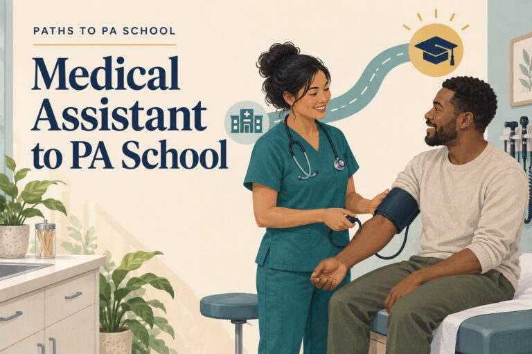 Medical Assistant to PA School Paths to PA School | The Physician Assistant Life Illustration of a medical assistant with a patient and a pathway toward pa school