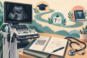 Sonography to PA school choosing your path | The Physician Assistant Life Editorial illustration of an ultrasound machine study notebook and a path from college to clinical work and pa school
