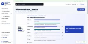 My PA School Planner dashboard showing seven application readiness bars for schools, GPA, prerequisites, hours, letters, deadlines and essays