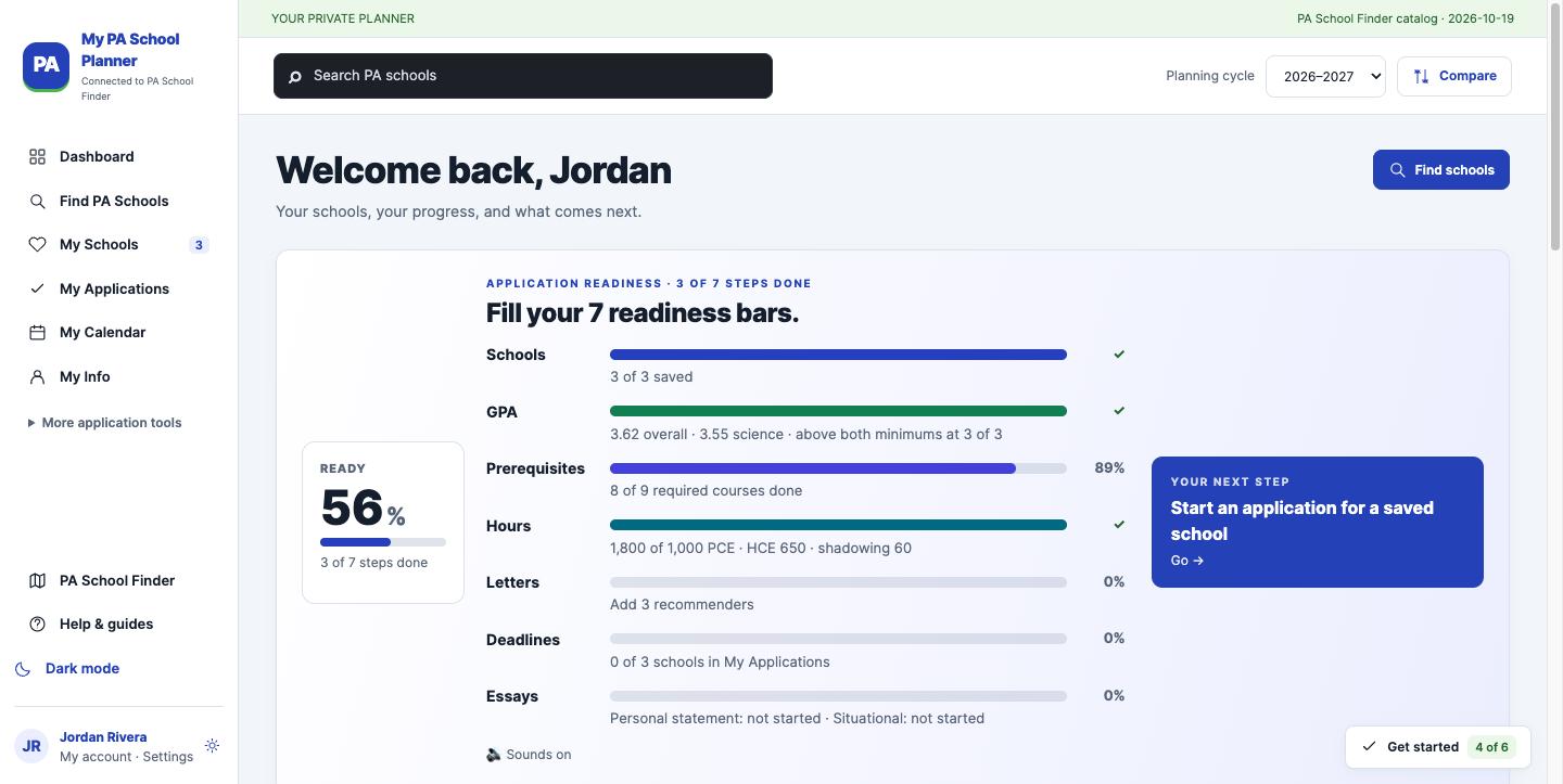 My pa school planner dashboard showing seven application readiness bars for schools gpa prerequisites hours letters deadlines and essays