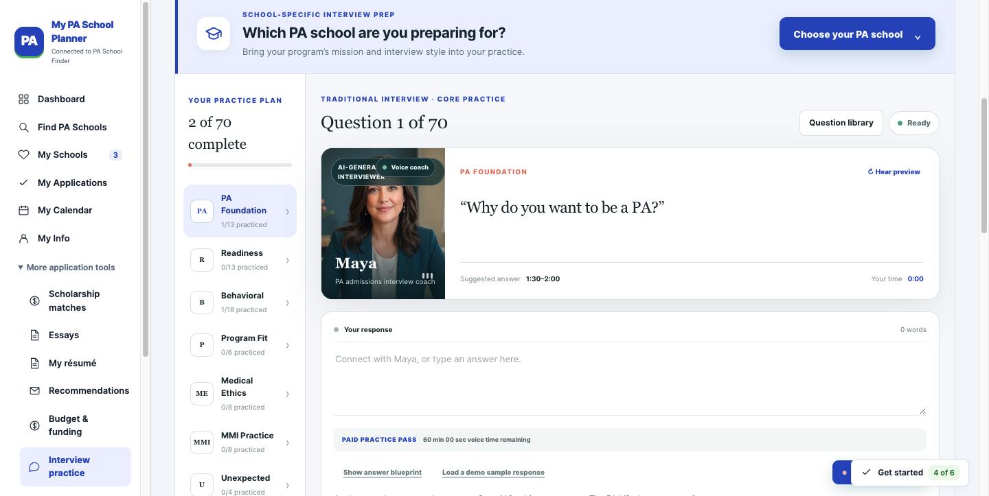 Maya ai pa school interview coach asking why do you want to be a pa with a practice plan of 70 questions