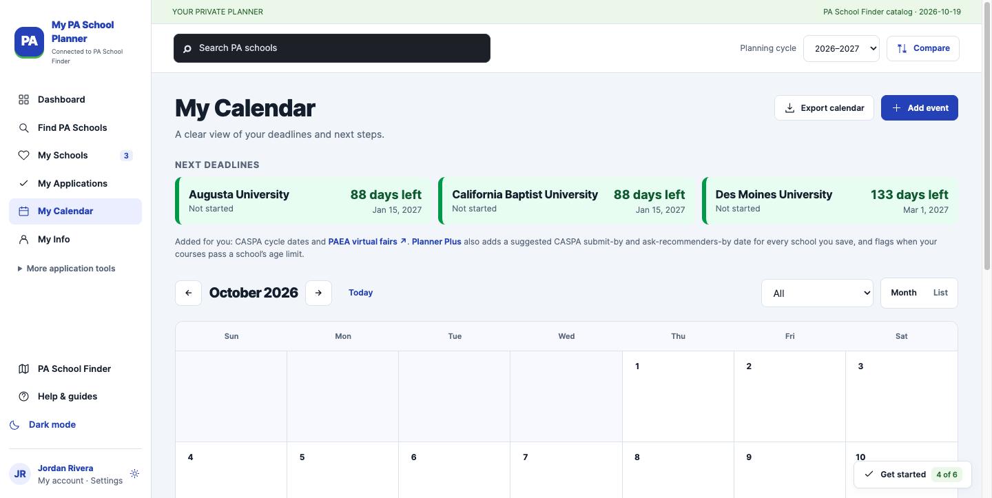 My calendar page with pa school application deadlines and countdowns