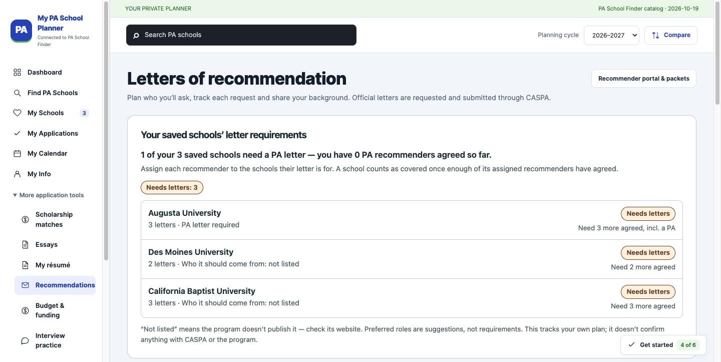 Letters of recommendation page listing how many letters each saved pa school needs and whether a pa letter is required