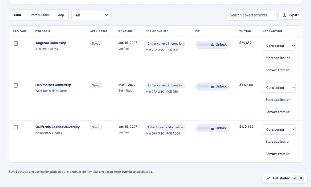 Clicking the locked fit pill on a saved pa school opens the match ai safety target reach preview