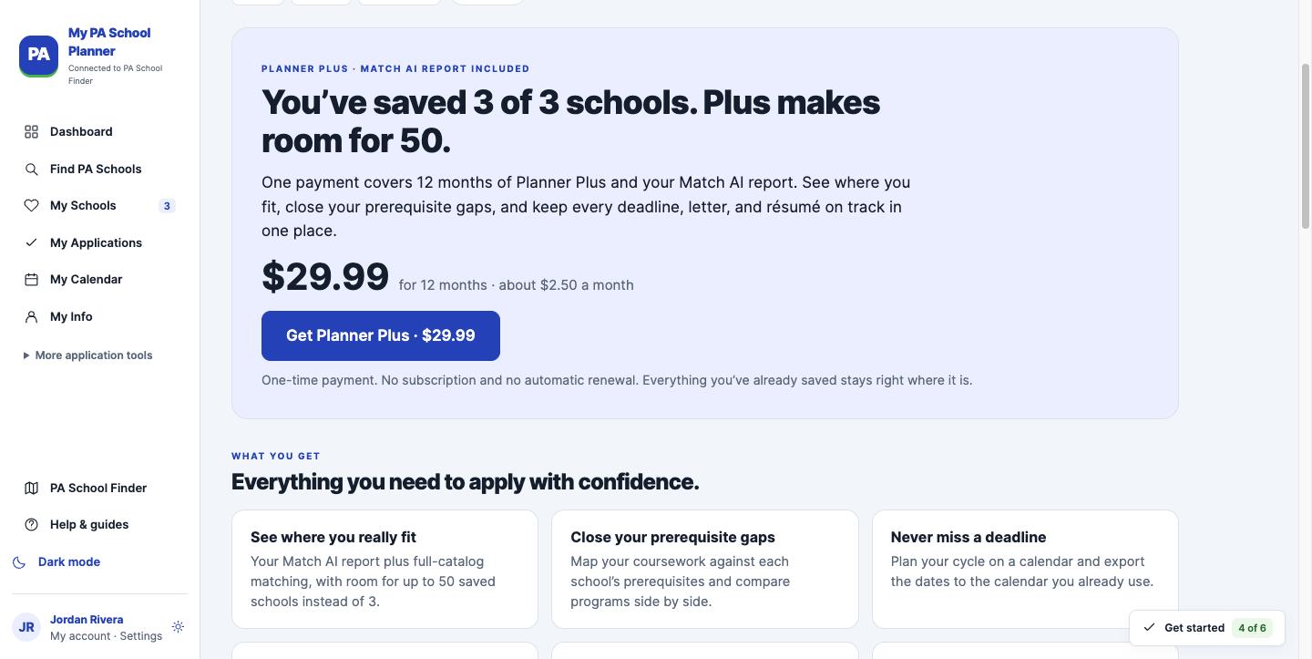 Planner plus upgrade page showing one time price for 12 months and included features