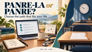 Promotional banner showing a study desk with a laptop checklist calendar stethoscope coffee mug and stacked books about learning Pa life logo at bottom